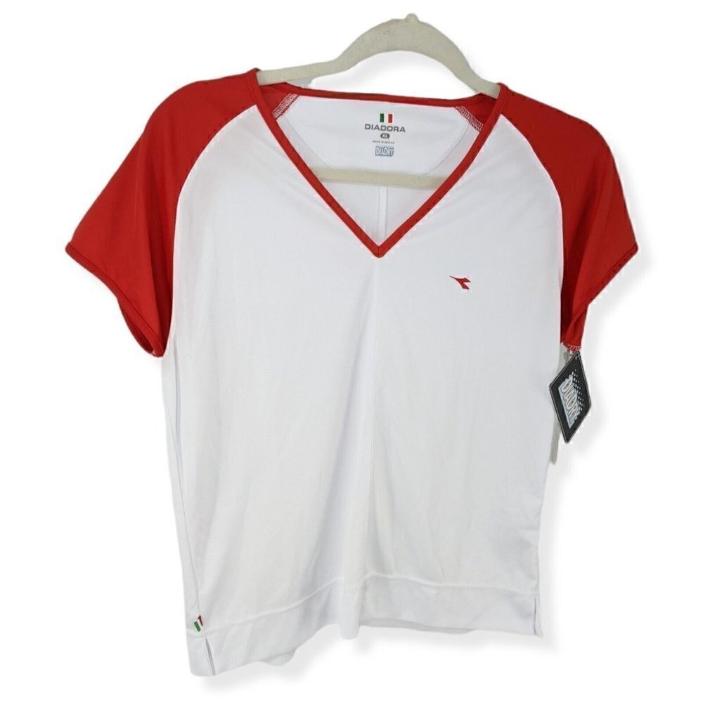 NEW Diadora Performance T-Shirt Top Womens XL V-Neck Red White Diadry Active